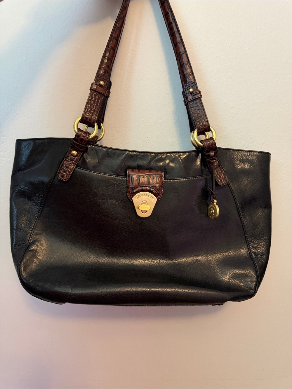 VTG Brahmin Collette Black Tuscan Ashby Handbag ~Leather Brown Croc Embossed